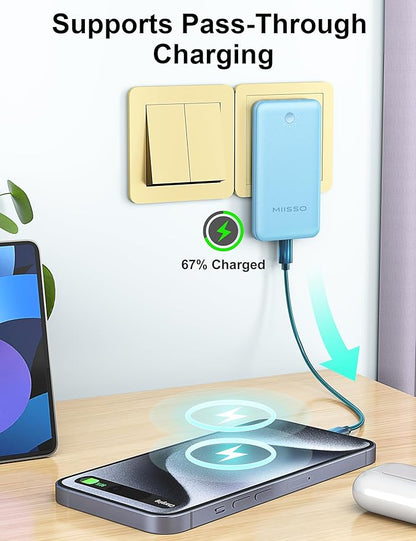 miisso Ultra Slim 10000mAh Power Bank Built-in Cables and Foldable AC Wall Plug, Pocket Size USB C Portable Charger, External Battery Pack Compatible with iPhone Samsung iPad etc, Blue