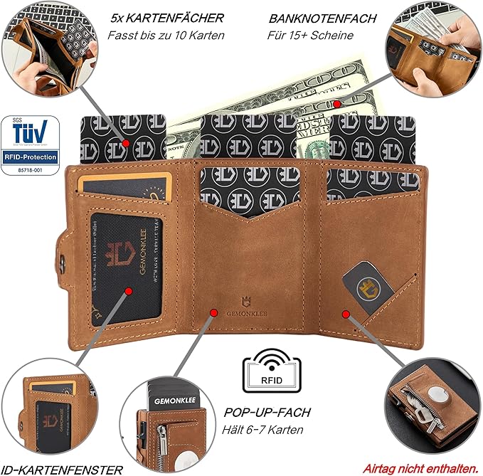 Mens Wallet Card Holder for AirTag, Leather Smart Wallet for Men, Airtag Wallet Pop Up Wallet, RFID Blocking, Slim, Minimalist, Large Capacity - 14-18 Card Capacity | ID Window | Cash Slot （Brown）