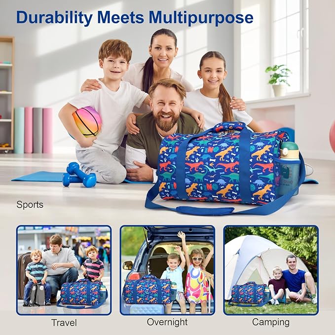Bagseri Kids Duffle Bag Boys - Waterproof Sports Gym Bag for Travel Sleepover Overnight Bag with Shoe Compartment and Dry Wet Separation Pockets (Blue Dinosaur)