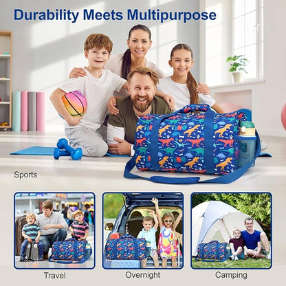 Bagseri Kids Duffle Bag Boys - Waterproof Sports Gym Bag for Travel Sleepover Overnight Bag with Shoe Compartment and Dry Wet Separation Pockets (Blue Dinosaur)