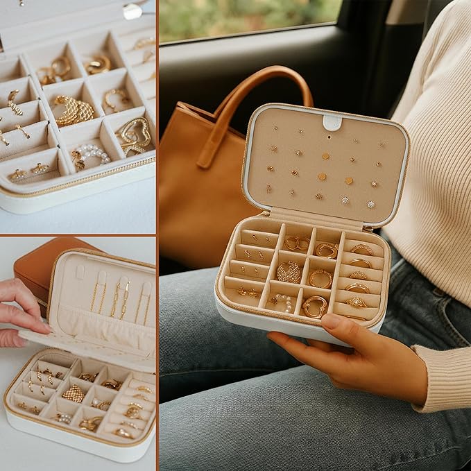 Small Travel Jewelry Box Organizer for women & Girls, Portable Small Travel Jewelry Case Organizer for Traveling, PU Leather Mini Box for Earrings, Necklaces, Rings, Bracelets - White