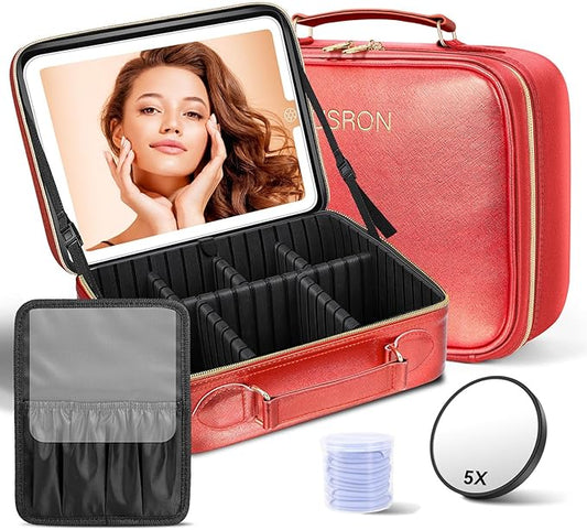 JUSRON Travel Makeup Bag With LED Mirror, Cosmetic Train Case with Light up Mirror, Portable Makeup Artist Organizer Bag with Adjustable Dividers, Makeup Brush Holder Storage (Red, Large)