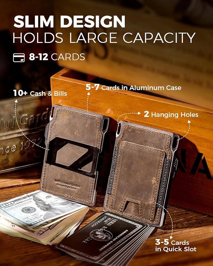 LORZOR Slim Tactical Wallet for Men- Minimalist Front Pocket Full Grain Leather Wallet for 12 Cards, RFID Blocking Aluminum Cardholder, Smart Pop Up Card Case, Money Clip, Gift Boxed(DistressBrown)