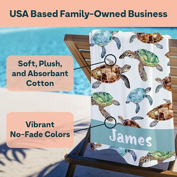 Ships Next Day - Personalized Beach Towel for Kids & Adults - Printed in USA - Custom Towels with Picture and Text - Quick Dry Pool Towels - Cotton/Poly Blend - 30" x 60" - Sea Turtles