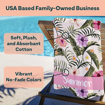 Ships Next Day - Personalized Beach Towel for Kids & Adults - Printed in USA - Custom Towels with Picture and Text - Quick Dry Pool Towels - Cotton/Poly Blend - 30" x 60" - Tropical Hawaiian