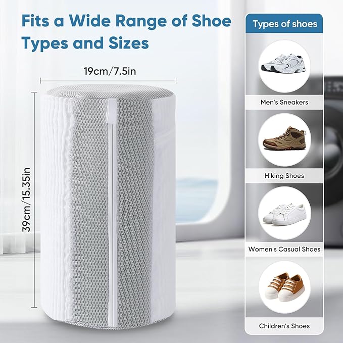 Shoe Washing Machine Bag 2Pack - Reusable Shoe Laundry Bag with Mesh Socks Bag - 360°Deep Protective Cleaning Bags for Sneakers Delicate Footwear - Home Dorm Travel Essentials, White