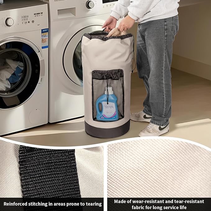 Laundry Bag Backpack with Shoulder Straps and Mesh Pocket Foldable Clothes Hamper Bag with Drawstring Closure for College, Apartment, Laundromat (Grey)