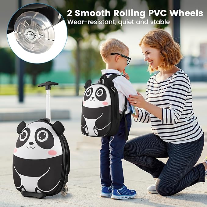Goplus 2PC Kids Carry On Luggage Set, 16" Rolling Suitcase & 12" Backpack, Airline Approved Travel Trolley Luggage with Wheels for Toddlers Children Girls Boys (Panda)