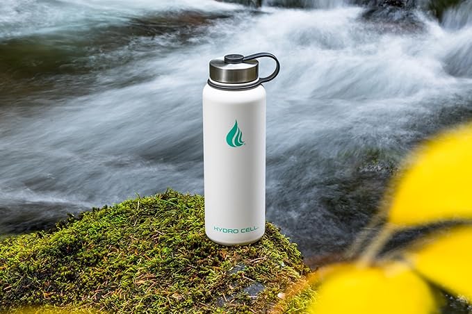 HYDRO CELL Stainless Steel Insulated Water Bottle with Straw - For Cold & Hot Drinks - Metal Vacuum Flask with Screw Cap and Modern Leakproof Sport Thermos for Adults (White 40oz)