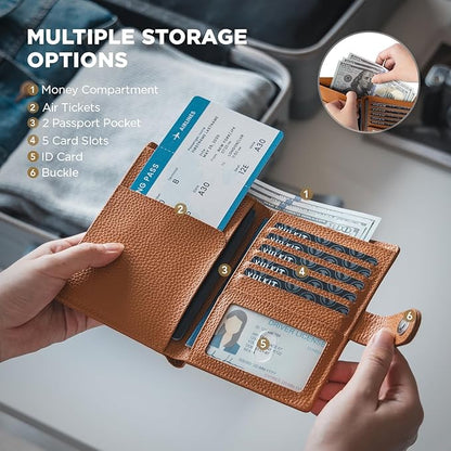VULKIT Leather Passport Travel Wallet for 2 Passports Pocket Slim Double Passport Holder RFID Blocking with ID Window for Women or Men
