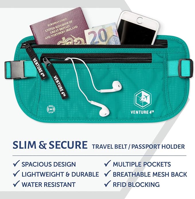 VENTURE 4TH Travel Money Belt - Slim Passport Holder RFID Blocking Travel Pouch to Protect Cash, Credit Cards and Travel Documents (Turquoise)