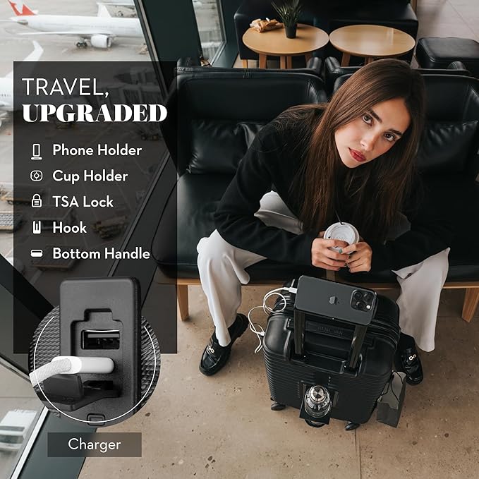 Nine West Suvi 20" Inch Smart Carry On Luggage with Wheels, Hardshell Suitcase with Cup Holder & USB Port for Charging, Airline Approved Cabin Bag Midnight Black