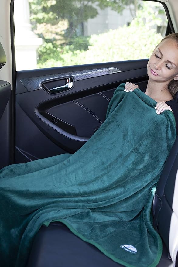 BlueHills Premium Soft Travel Blanket Pillow Airplane Flight Blanket Throw in Soft Bag Pillowcase Compact Pack Large Comfort for Travel Green (Dark Green T010)