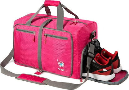 Bago Foldable Duffel Bags for Traveling Women & Men - 40L Sports Packable Duffle Bag for Travel with Shoe Compartment - Water Repellant, Heavy Duty, Lightweight Folding & Collapsible (SnowPink)