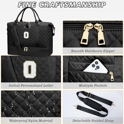 Gifts for Women Girls Birthday Christmas Initial Travel Duffle Bag Quilted Weekender Bags Carry-On Overnight with Cosmetic Bag, Hospital Bag for Women Labor Delivery, Black O