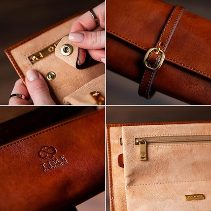 Time Resistance Leather Jewelry Roll - Full Grain Leather Travel Jewelry Case - Jewellery Organizer Made in Italy (Cognac Brown)