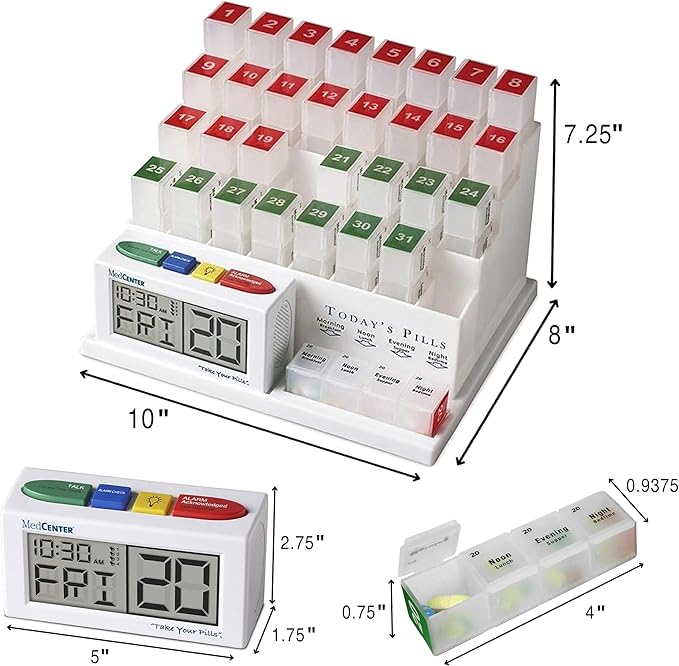 MedCenter 31-Day HSA/FSA Monthly Pill Organizer System with Talking Reminder Clock, Travel Pouch & Tweezers – 4 Daily Dose Compartments – Ideal Medication Organizer for Seniors & Low Vision Users