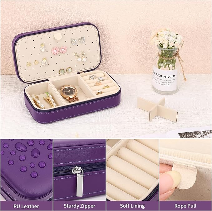 DesignSter Travel Jewelry Box, PU Leather Portable Jewelry Case, Small Jewelry Boxes for Gifts, Travel Jewelry Organizer for Women Rings Earrings Necklaces Bracelets (Dark Purple)