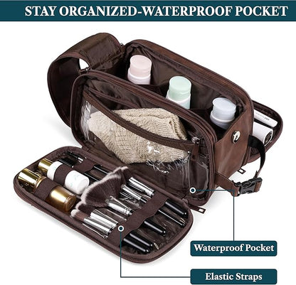 PAVILIA Toiletry Bag for Men Women, Mens Travel Bag Toiletries Organizer Case for Grooming, Travel Essentials Shaving Dopp Kit, PU Leather Water Resistant Cosmetic Pouch, Dark Brown