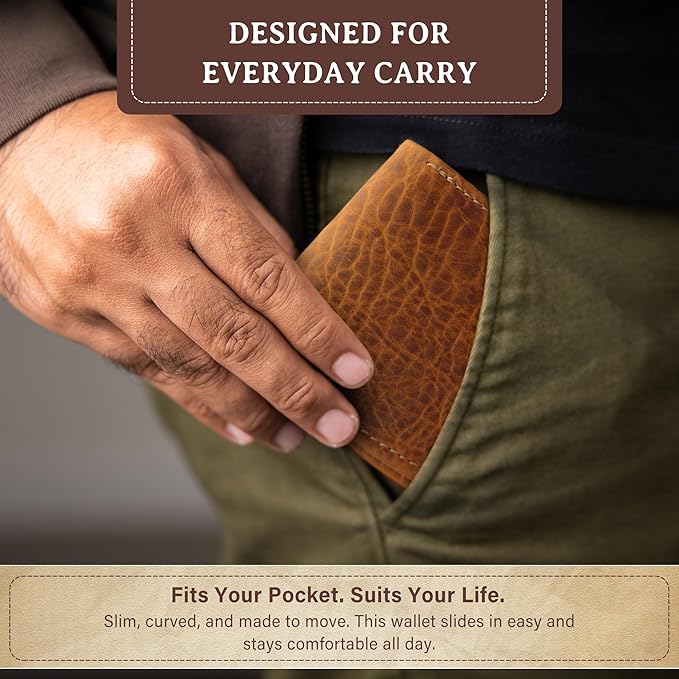 ROGUE WALLET Genuine Bison Leather Wallets for Men - RFID Blocking Curved Front Pocket Design w/ 3 Card Slots, Full Billfold Section & More - Slim Wallets for Men (Brown)