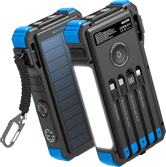 BLAVOR Solar Power Bank 20000mAh Built-in Cables, Wireless Charger for Apple Watch, 20W Fast Charging Battery Pack with USB C, Flashlight, Solar Charger for iPhone, iPad, iWatch, Samsung