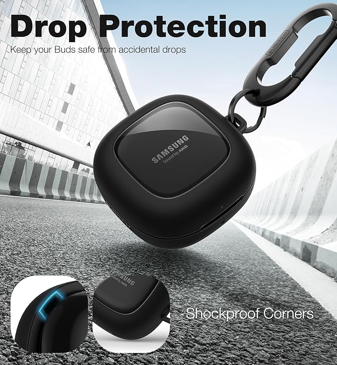 SURITCH Protective Case for Samsung Galaxy Buds FE(2023)/Buds 2 Pro(2022)/Buds 2(2021)/Buds Pro(2021)Buds Live(2020), Shockproof Sturdy Earbuds Cover for Charging Case with Heavy-Duty Carabiner, Black