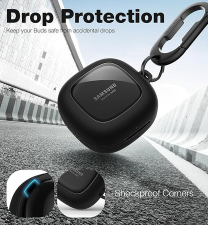 SURITCH Protective Case for Samsung Galaxy Buds FE(2023)/Buds 2 Pro(2022)/Buds 2(2021)/Buds Pro(2021)Buds Live(2020), Shockproof Sturdy Earbuds Cover for Charging Case with Heavy-Duty Carabiner, Black