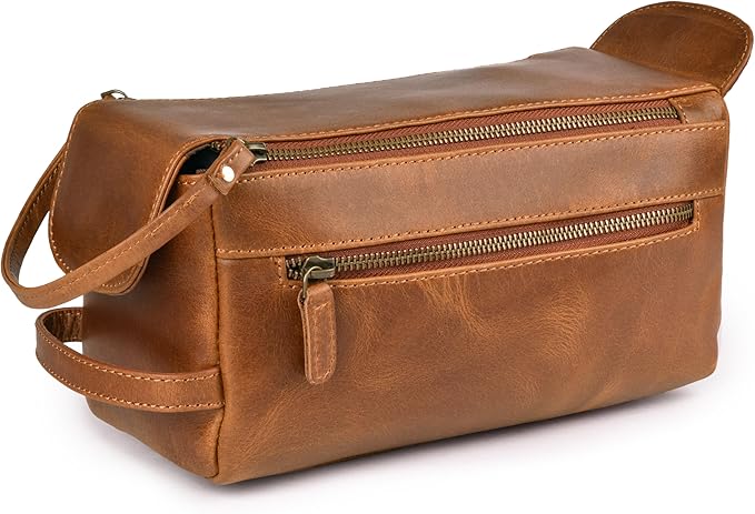 LEATHER VILLAGE Premium Leather Travel Toiletry Bag - Water-Resistant Dopp Kit for Toiletries, Large Shaving Bag & Bathroom Organizer - Gift for Men & Women - Tan Brown