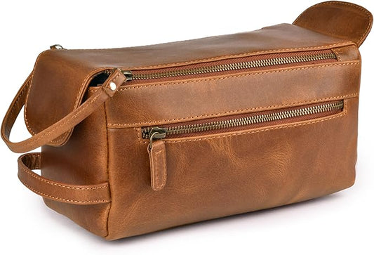 LEATHER VILLAGE Premium Leather Travel Toiletry Bag - Water-Resistant Dopp Kit for Toiletries, Large Shaving Bag & Bathroom Organizer - Gift for Men & Women - Tan Brown