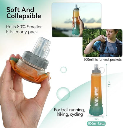 MARCHWAY Soft Hydration Flask with Wide Mouth, 300ml/500ml Collapsible TPU Water Bottle, Leakproof Portable Flexible for Running, Hiking, Cycling, Climbing, Gym, Travel (2pcs Orange-Green 500ml)
