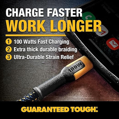 DEWALT Heavy Duty 100W USB C Cable, Jobsite 100 Watt USB C Cable, High Speed Type-C to Type-C, Fast Charge PD USBC Fast Charging Cord for iPhone 17/16/15 Plus Pro Max MacBook iPad Samsung Galaxy, 6 ft