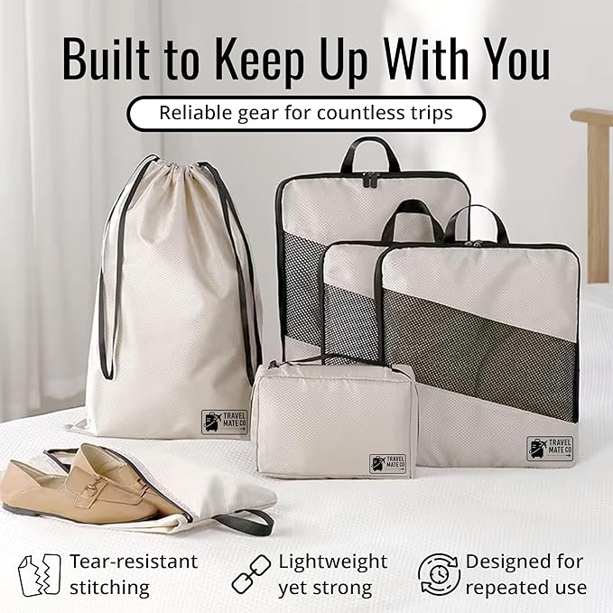 Travel Mate Co 6-Piece Travel Bag Set - 3 Packing Cubes for Travel in Small, Medium & Large - Includes 1 Shoe Bag, 1 Laundry Pouch & 1 Toiletry Organizer - Lightweight & Durable Luggage Organizer Bags