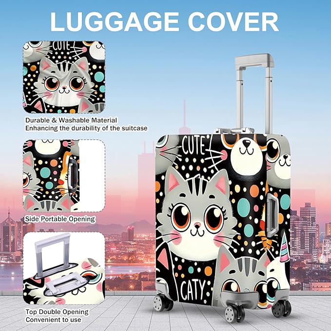 ANNA QUEEN Cute Cat Luggage Cover, Kawaii Cartoon Kitty Suitcase Protector with Colorful Polka Dot Design, Stretchable, Washable Travel Cover for 24-26 Inch Luggage