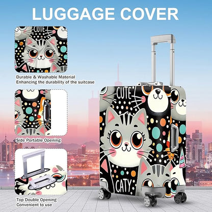 ANNA QUEEN Cute Cat Luggage Cover, Kawaii Cartoon Kitty Suitcase Protector with Colorful Polka Dot Design, Stretchable, Washable Travel Cover for 24-26 Inch Luggage
