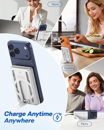 VEGER Portable Charger, Magnetic Power Bank with Phone Stand, Card Slot RFID Blocking, Global Tracking, 20W USB-C Fast Charging Powerbank, 15W Wireless Battery Pack for iPhone17/16/15/14/13/12 White