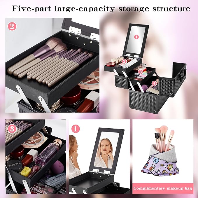 Makeup Train Case, Portable Makeup Case with Mirror, 2-Trays Cosmetic Organizer Case,Nail Polish Organizer, Travel Makeup Box, Profesional for Salon Barber, Black
