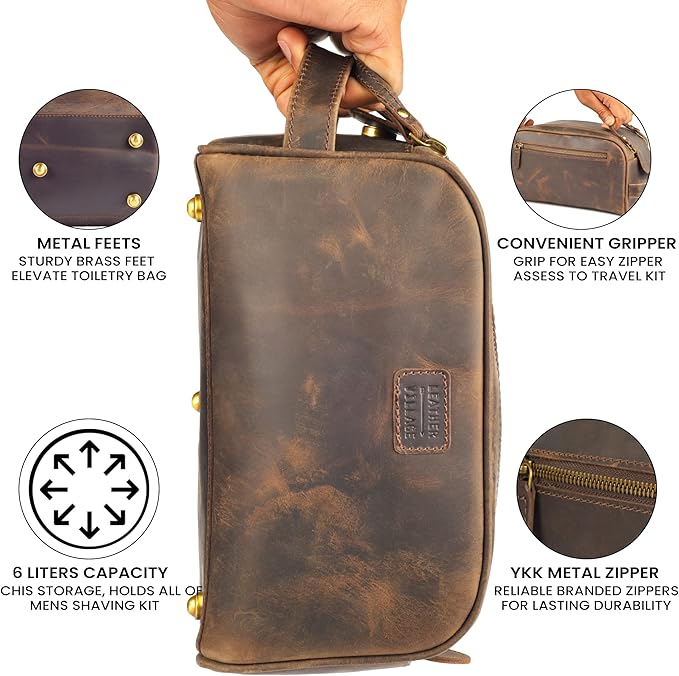 LEATHER VILLAGE Premium Leather Toiletry Travel Pouch With Waterproof Lining - Brown | King-Size Handcrafted Vintage Dopp Kit Bag, Shaving & Bathroom Organizer, Gift for Men & Women