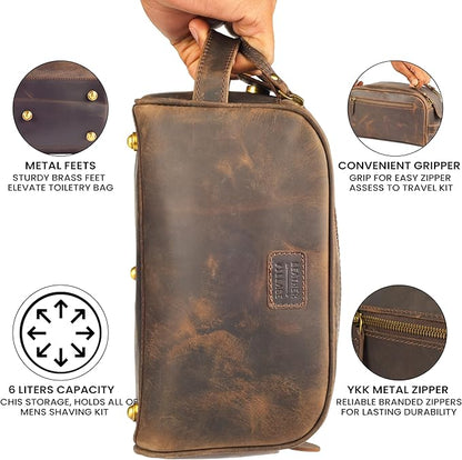 LEATHER VILLAGE Premium Leather Toiletry Travel Pouch With Waterproof Lining - Brown | King-Size Handcrafted Vintage Dopp Kit Bag, Shaving & Bathroom Organizer, Gift for Men & Women
