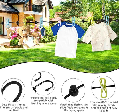 3 Pcs Travel Clothesline with 12 Colorful Clips, Portable Clothes Line Elastic Travel Clothesline for Indoor and Outdoor Balcony Outdoor Camping Use