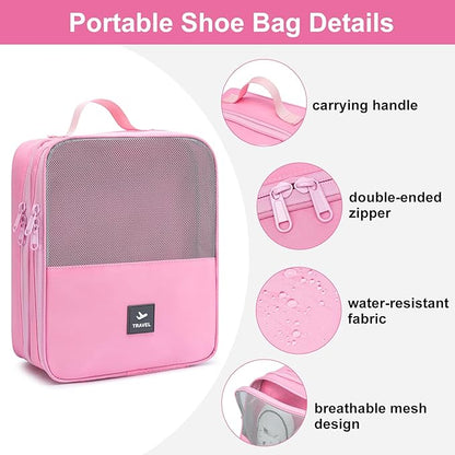 2 Layers Travel Shoe Bag, Portable Shoe Bags Hold 2 Pair Of Shoes, Water-Resistant Shoe Storage Pouch For Travel (Pink, 2 Pack)