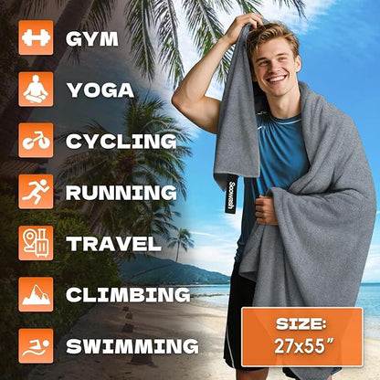 Camping Towels Quick Dry Sweat Towels for Gym, Absorbent Fast Drying Lightweight 27 inch X 55 inch Negative Ions Odorless Gym Towels for Men & Women,Yoga Sports Travel Outdoor (Large Gray)