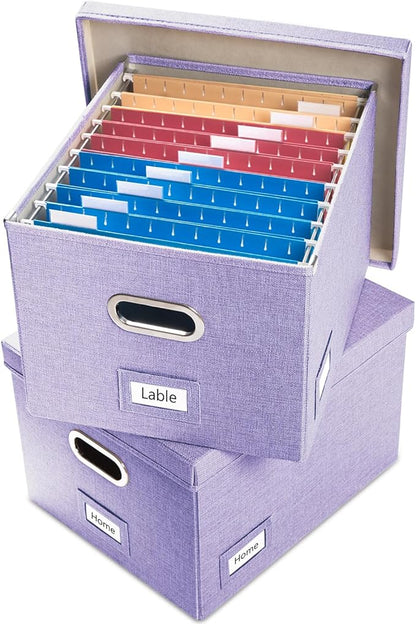 PRANDOM File Organizer Box - Set of 2 Collapsible Decorative Linen Filing Storage Hanging File Folders with Lids Office Cabinet Letter/Legal Size Purple (17x14x11.2 inch)