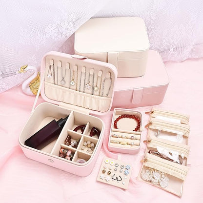 2 Layer Portable Jewelry Box, Large Jewelry Travel Case with 4 Jewelry Pouches, Medium Size Jewelry Organizer Box for Earrings, Necklaces, Bracelets (light pink)