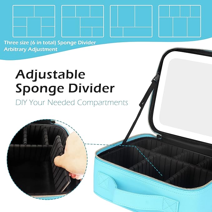 MOMIRA Travel Makeup Bag Cosmetic Bag Makeup Organizer Bag with Lighted Mirror, Adjustable Brightness in 3 Color Scenarios, Waterproof Makeup Train Case, Gift for Women - Diamond Blue