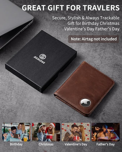 Passport Holder for Travel with AirTag Holder-Genuine Leather RFID Blocking Travel accessories with 6 Cards Slot&1ID Window,Magnetic Closure,Gift Box(Air Tag Not Included)