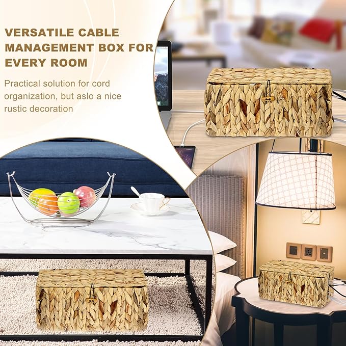 BTSKY Woven Cable Management Box with Lid, Water Hyacinth Cord Organizer for Desk, Cable Organizer Box with 2-Open Slots to Hide Power Strips USB Hubs for Home & Office, Pet Proofing Cord Basket, L