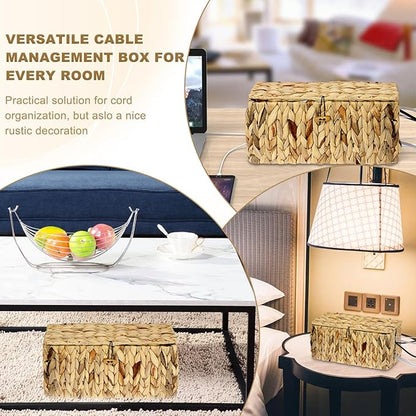 BTSKY Woven Cable Management Box with Lid, Water Hyacinth Cord Organizer for Desk, Cable Organizer Box with 2-Open Slots to Hide Power Strips USB Hubs for Home & Office, Pet Proofing Cord Basket, L+S