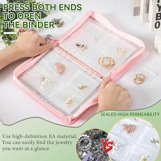 Jewelry Organizer Case Travel Clear Earring Organizer Case Transparent Jewelry Storage Book with Clear Zippered Jewelry Pouch (Pink, With 80 Pcs small Jewelry Pouches)