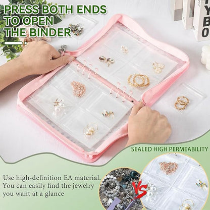 Jewelry Organizer Case Travel Clear Earring Organizer Case Transparent Jewelry Storage Book with Clear Zippered Jewelry Pouch (Pink, With 80 Pcs small Jewelry Pouches)