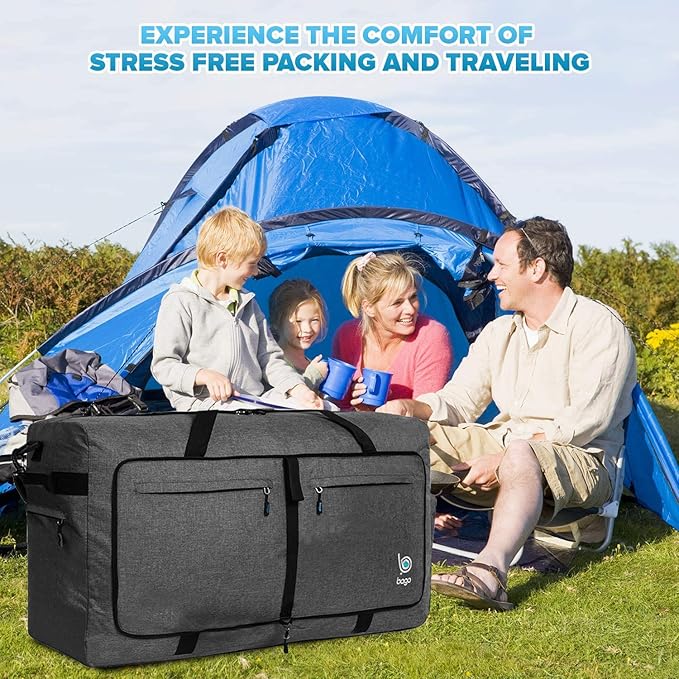 Bago Large Foldable Duffel Bags for Traveling Women & Men - 100L Packable Duffle Bag for Travel with Shoe Compartment - Water Repellant, Heavy Duty, Lightweight Folding & Collapsible (SnowBlack)